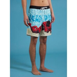 Marvel Deadpool Beach‎ Swim Trunks Mens Medium Blue Black Drawstring Shorts